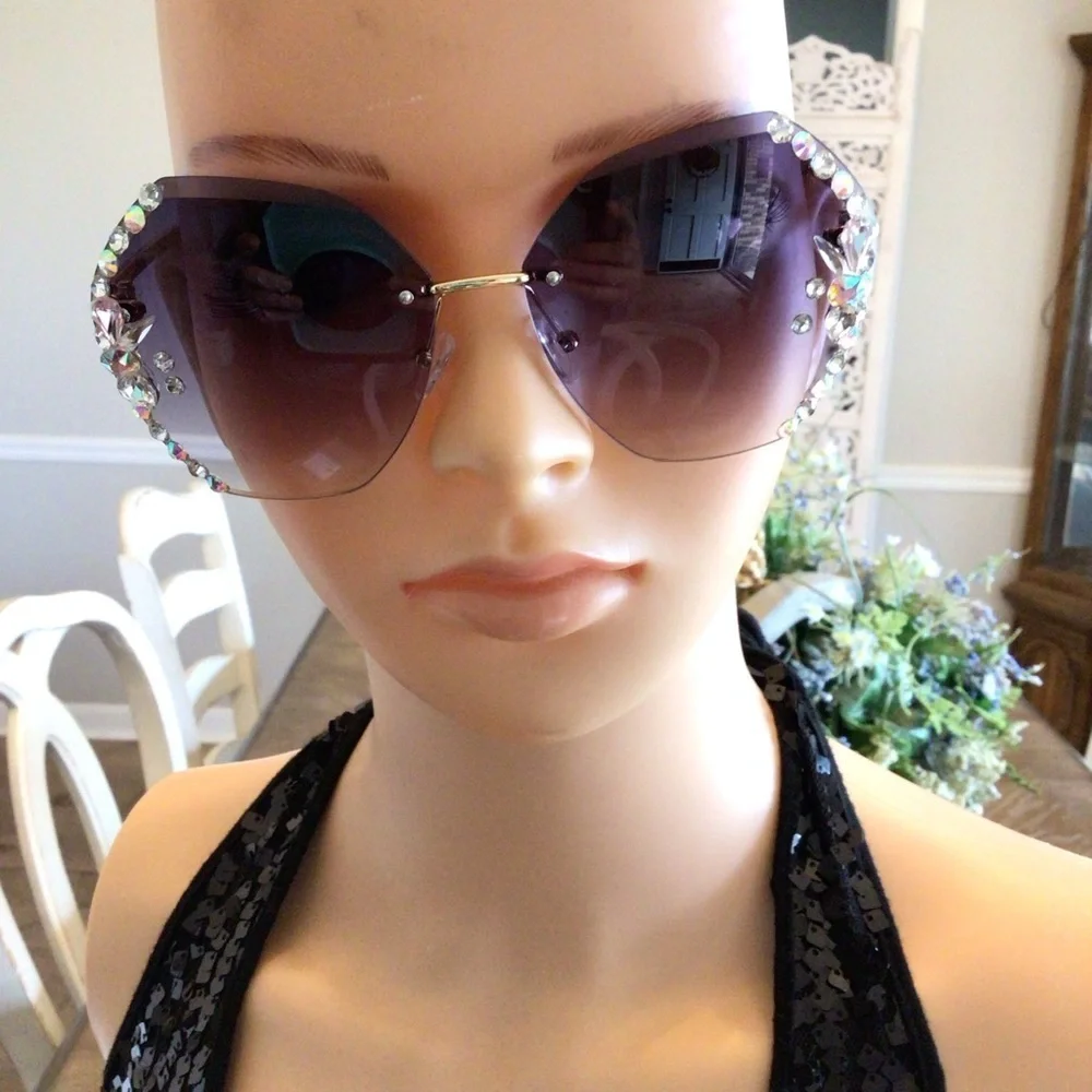 Women's Fashion Rimless Rhinestone Round Oversized Sunglasses- Gradient Gray